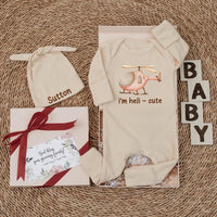 Custom Helicopter Baby Bodysuit with 'I'm Heli-Cute' Graphic, Soft Cotton Newborn Outfit, Personalized Hat, Baby Shower Gift for Pilots