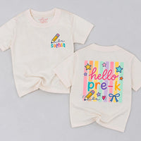 Custom Hello Pre-K Toddler Shirt with Name, Soft Cotton Kids Tee for First Day of School, Colorful Pencil & Star Design, Back-to-School Outfit