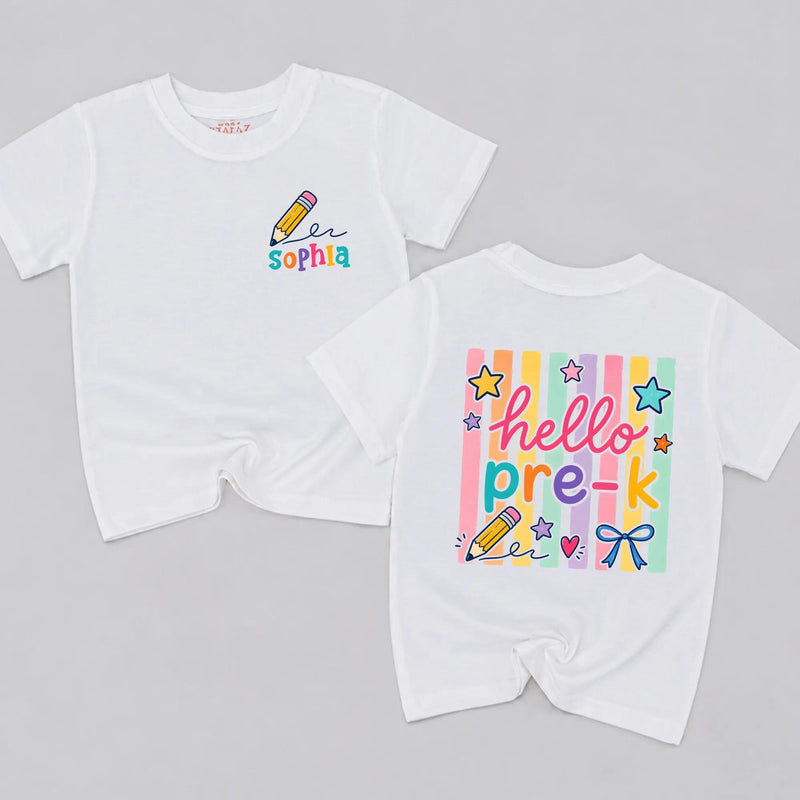 Custom Hello Pre-K Toddler Shirt with Name, Soft Cotton Kids Tee for First Day of School, Colorful Pencil & Star Design, Back-to-School Outfit