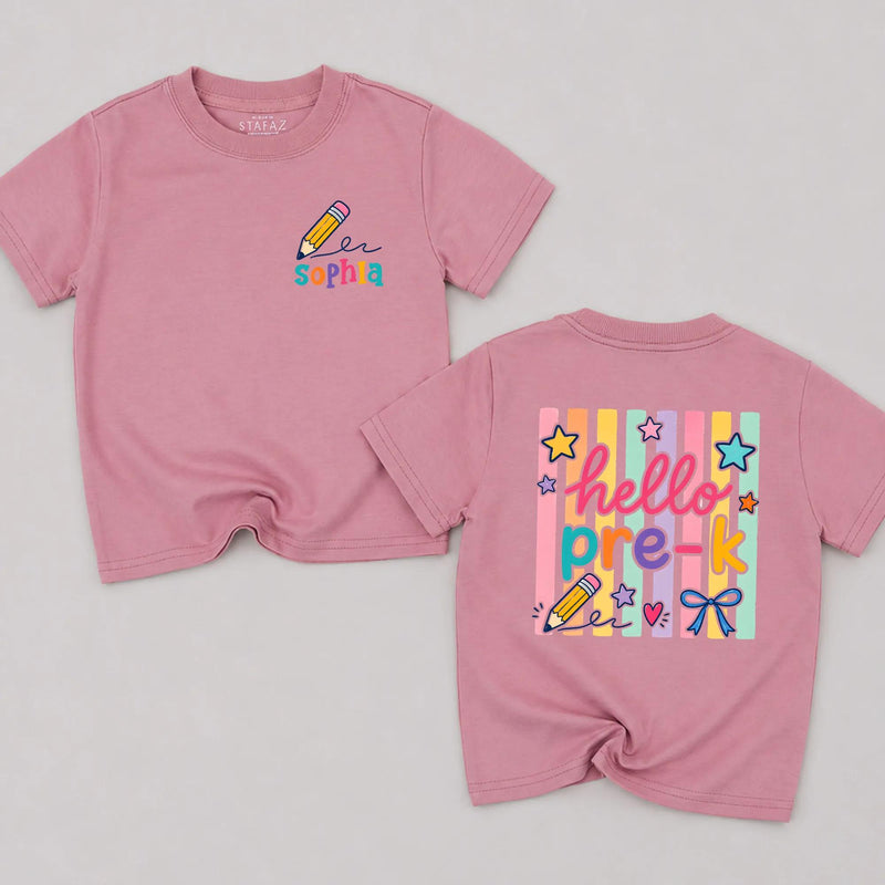 Custom Hello Pre-K Toddler Shirt with Name, Soft Cotton Kids Tee for First Day of School, Colorful Pencil & Star Design, Back-to-School Outfit