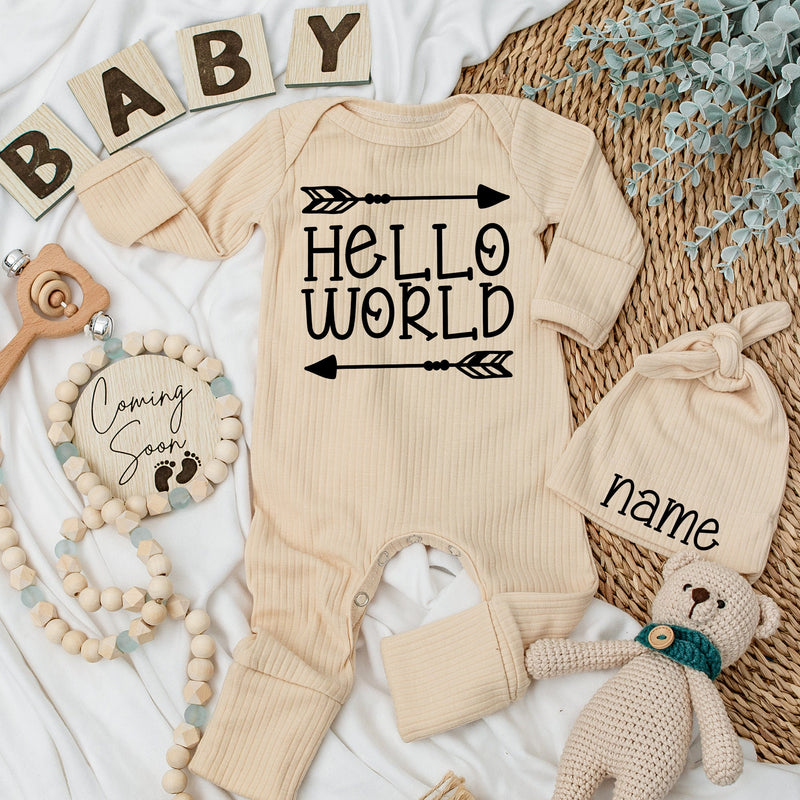 Custom Hello World Baby Outfit with Personalized Hat Newborn Gift Gender Neutral Long Sleeve Bodysuit Comfortable Cotton Design