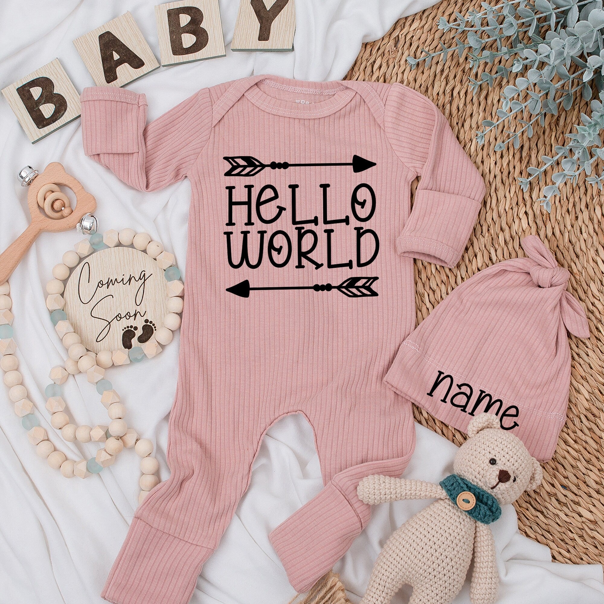 Custom Hello World Baby Outfit with Personalized Hat Newborn Gift Gender Neutral Long Sleeve Bodysuit Comfortable Cotton Design