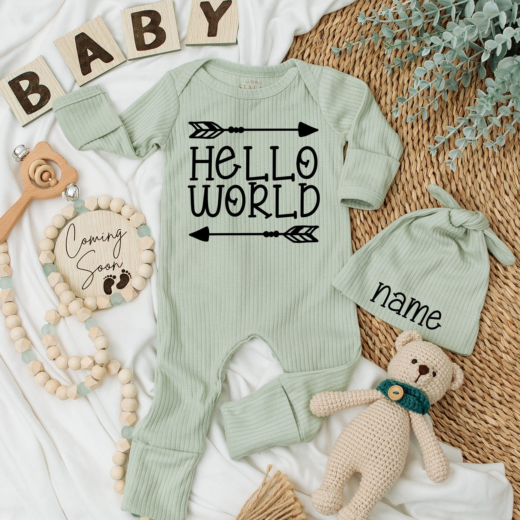 Custom Hello World Baby Outfit with Personalized Hat Newborn Gift Gender Neutral Long Sleeve Bodysuit Comfortable Cotton Design