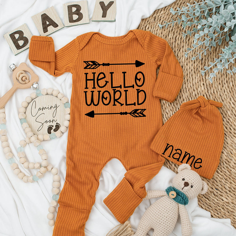 Custom Hello World Baby Outfit with Personalized Hat Newborn Gift Gender Neutral Long Sleeve Bodysuit Comfortable Cotton Design
