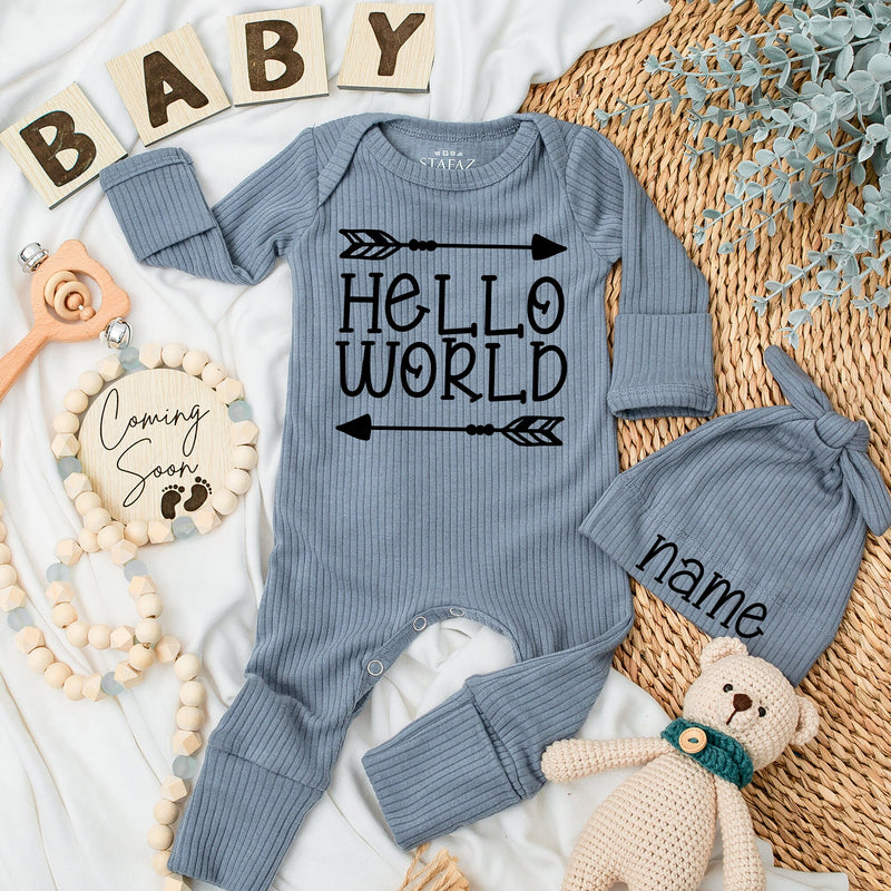 Custom Hello World Baby Outfit with Personalized Hat Newborn Gift Gender Neutral Long Sleeve Bodysuit Comfortable Cotton Design