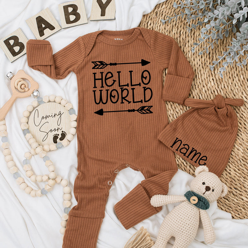 Custom Hello World Baby Outfit with Personalized Hat Newborn Gift Gender Neutral Long Sleeve Bodysuit Comfortable Cotton Design