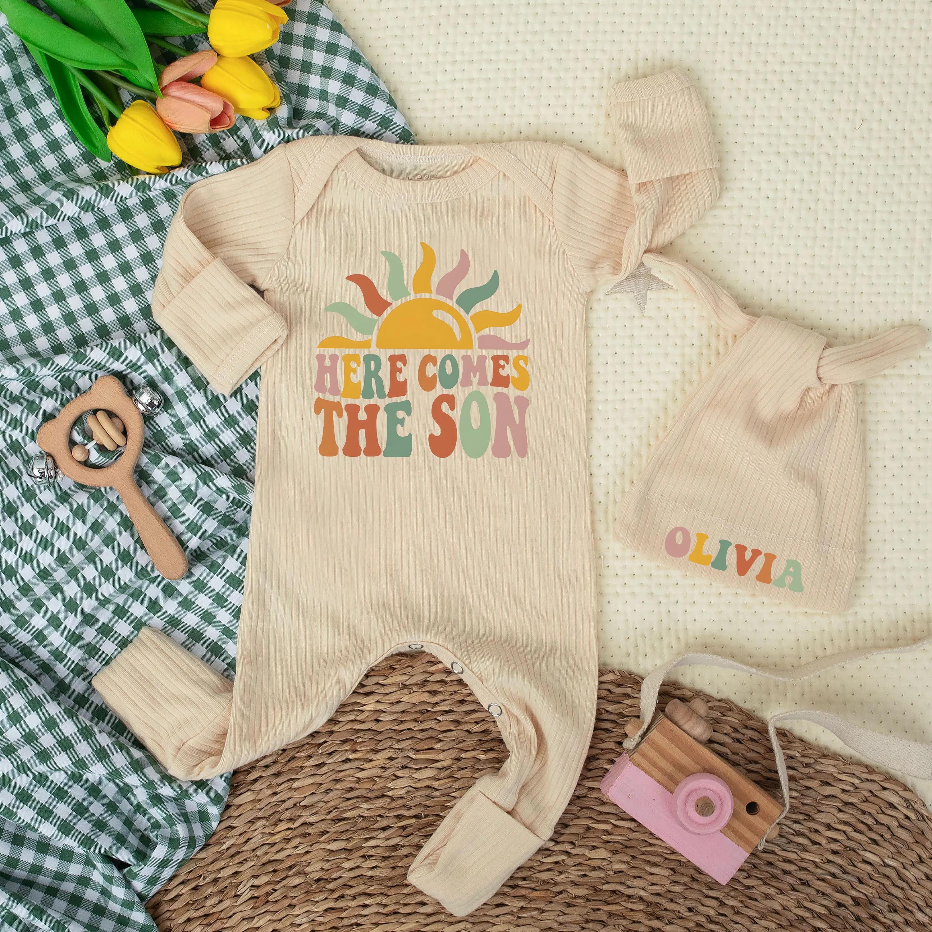 Custom Here Comes The Son Baby Bodysuit and Hat Set with Retro Sun Graphic, Ribbed Cotton Coming Home Outfit for Newborn or Infant Gift