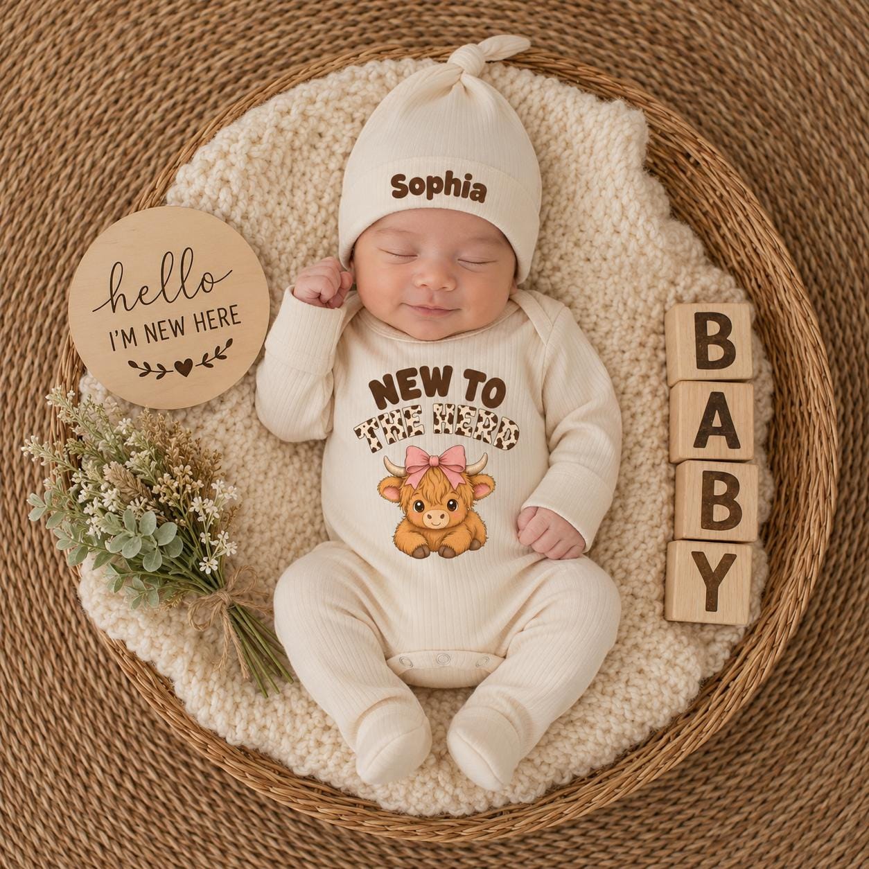 Custom Highland Cow Baby Girl Bodysuit and Hat Set, New to the Herd Design, Soft Cotton Newborn Coming Home Outfit or Baby Shower Gift