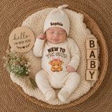 Custom Highland Cow Baby Girl Bodysuit and Hat Set, New to the Herd Design, Soft Cotton Newborn Coming Home Outfit or Baby Shower Gift