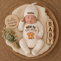 Custom Highland Cow Baby Girl Bodysuit and Hat Set, New to the Herd Design, Soft Cotton Newborn Coming Home Outfit or Baby Shower Gift