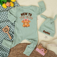 Custom Highland Cow Baby Girl Bodysuit and Hat Set, New to the Herd Design, Soft Cotton Newborn Coming Home Outfit or Baby Shower Gift