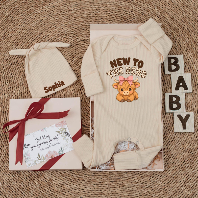 Custom Highland Cow Baby Girl Bodysuit and Hat Set, New to the Herd Design, Soft Cotton Newborn Coming Home Outfit or Baby Shower Gift