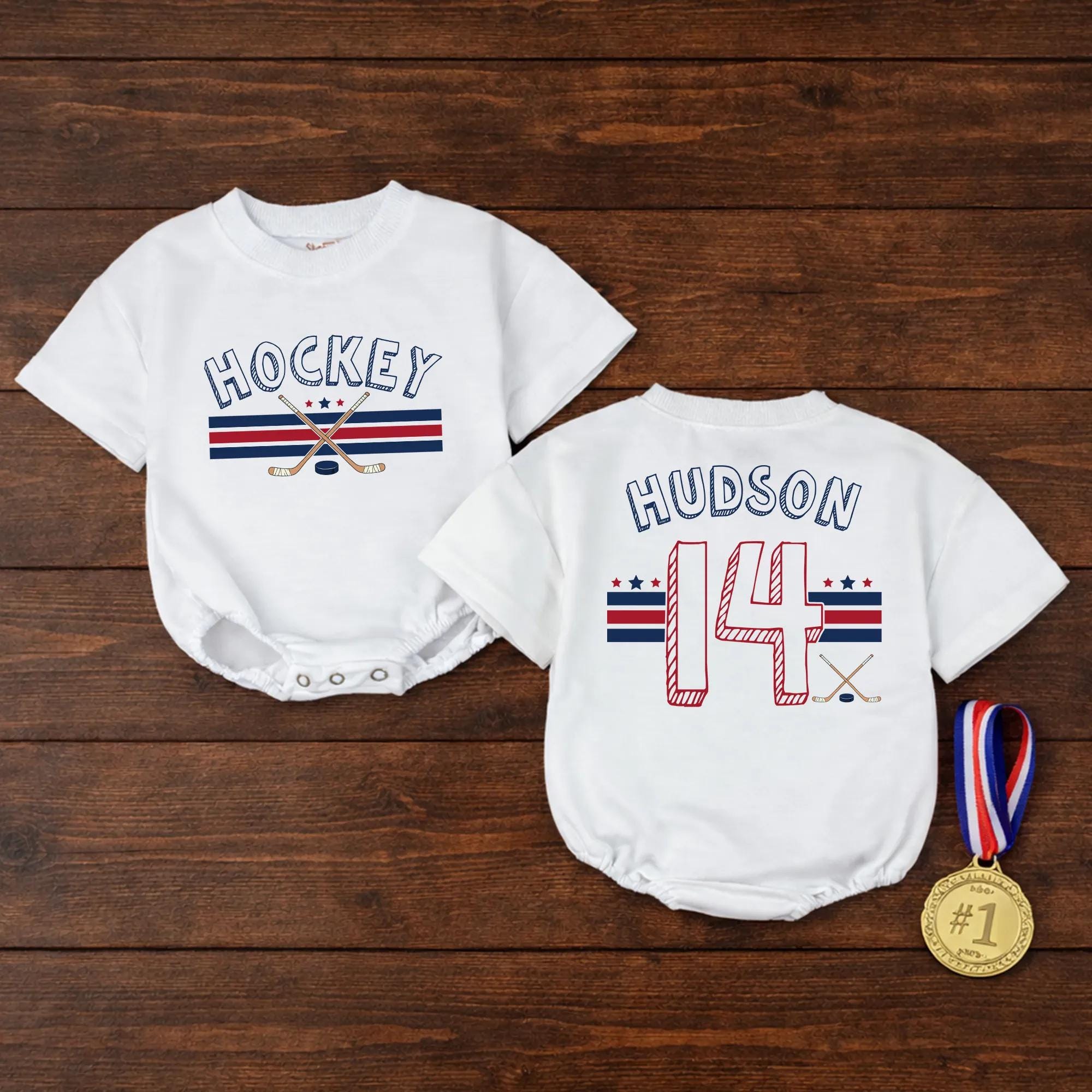 Custom Hockey Baby Romper and Toddler Shirt with Name and Number, Matching Family Game Day Outfit, Soft Cotton Baby Gift for Sports Fans