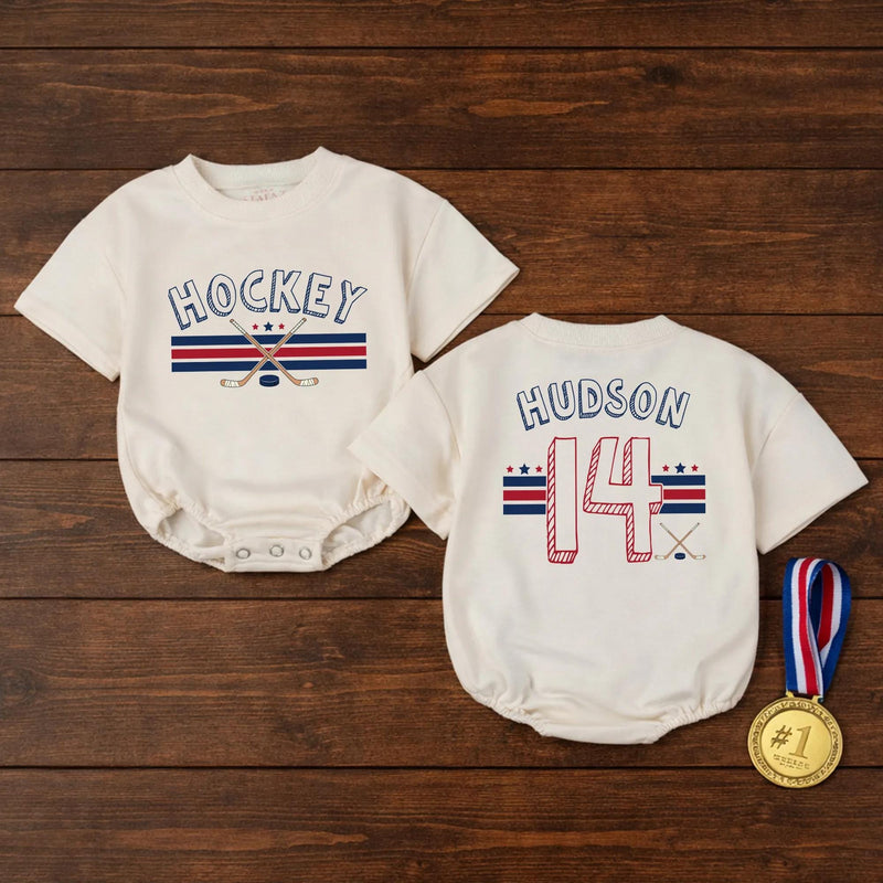 Custom Hockey Baby Romper and Toddler Shirt with Name and Number, Matching Family Game Day Outfit, Soft Cotton Baby Gift for Sports Fans