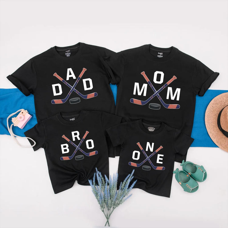 Custom Hockey Family Matching Shirts for Mom, Dad, Kids, and Baby, Soft Cotton Tees with Hockey Stick Design, Perfect for Birthday Celebrations
