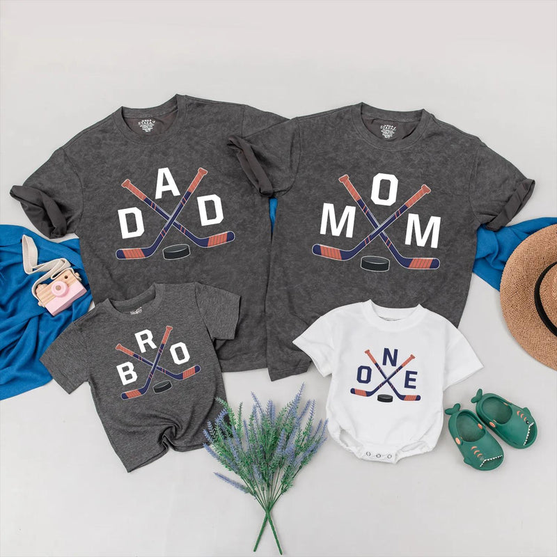 Custom Hockey Family Matching Shirts for Mom, Dad, Kids, and Baby, Soft Cotton Tees with Hockey Stick Design, Perfect for Birthday Celebrations