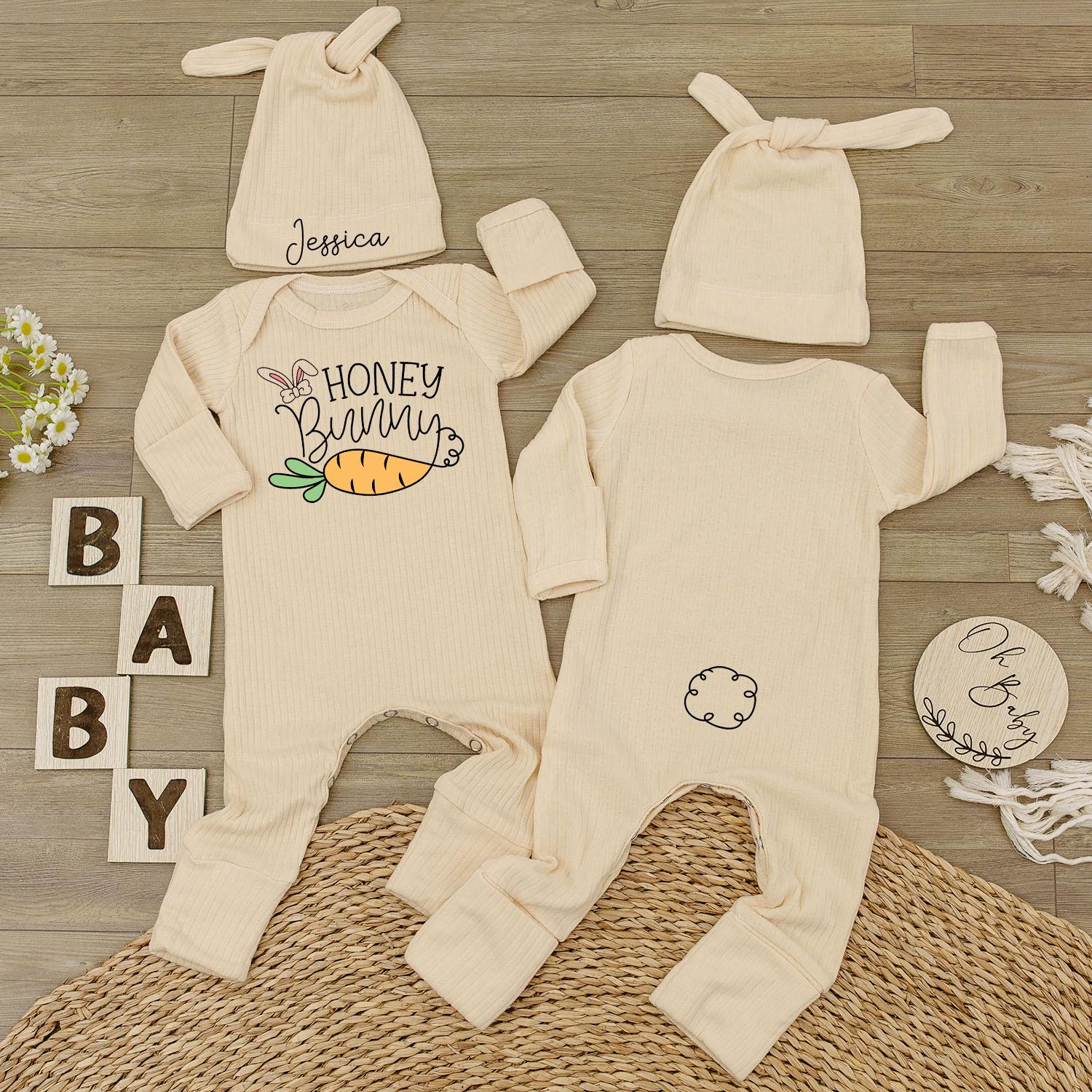 Custom Honey Bunny Baby Bodysuit and Hat Set with Carrot Design Newborn Easter Outfit Personalized Gift for Baby Shower or Announcement