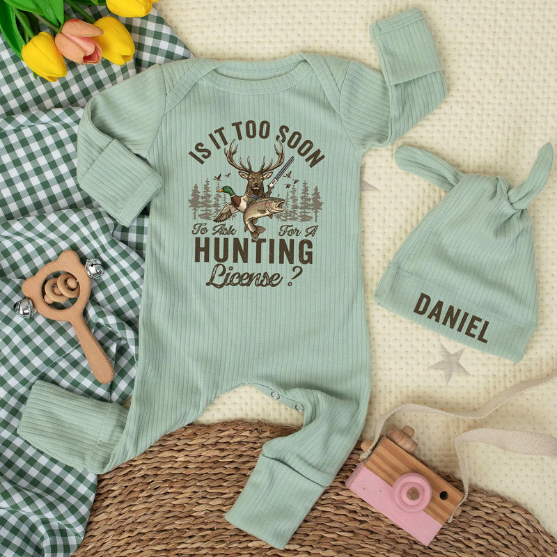 Custom Hunting Baby Bodysuit and Beanie Set with Name Daniel Deer Duck Fish Design Rustic Outdoors Newborn Outfit Soft Cotton Gift