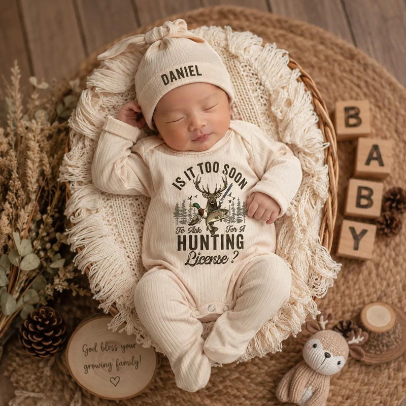 Custom Hunting Baby Bodysuit and Beanie Set with Name Daniel Deer Duck Fish Design Rustic Outdoors Newborn Outfit Soft Cotton Gift