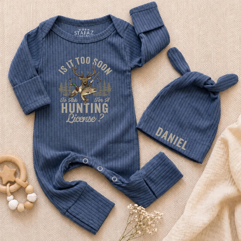 Custom Hunting Baby Bodysuit and Beanie Set with Name Daniel Deer Duck Fish Design Rustic Outdoors Newborn Outfit Soft Cotton Gift
