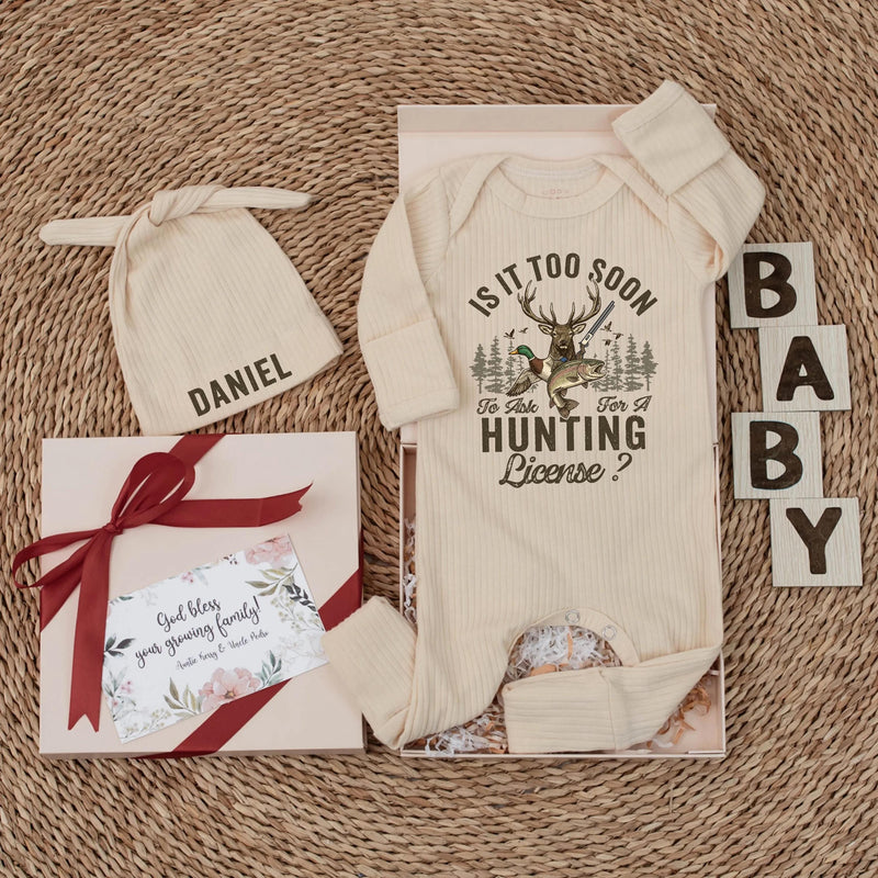 Custom Hunting Baby Bodysuit and Beanie Set with Name Daniel Deer Duck Fish Design Rustic Outdoors Newborn Outfit Soft Cotton Gift