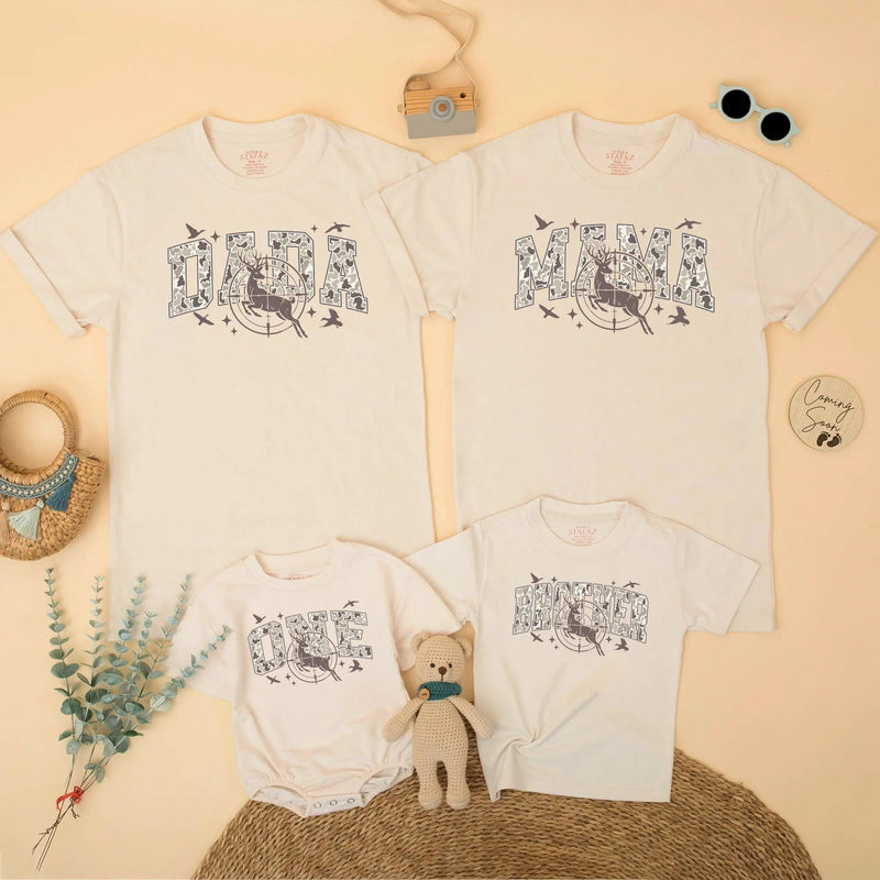 Custom Hunting Birthday Matching Family Shirts with Deer Graphic, Soft Cotton Romper for Baby, Kids, Mom, Dad, Perfect for Milestone Photos