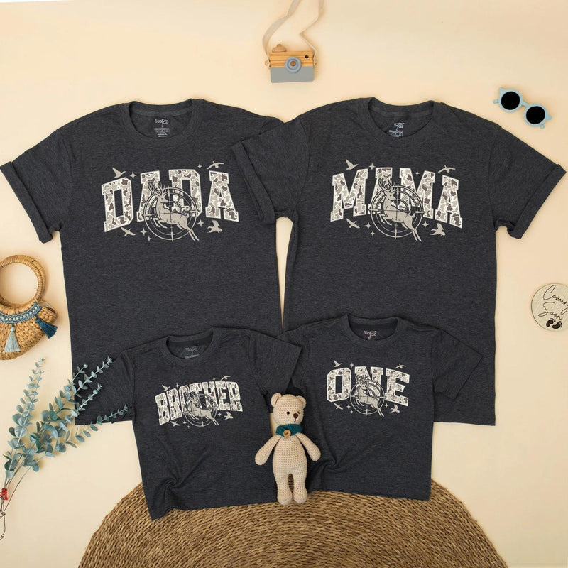 Custom Hunting Birthday Matching Family Shirts with Deer Graphic, Soft Cotton Romper for Baby, Kids, Mom, Dad, Perfect for Milestone Photos
