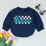 Custom Jayden Baby Romper Teal Cursive Checkered Design Newborn Outfit Personalized Gift Soft Cotton Retro Style Boy Girl Clothes