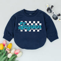 Custom Jayden Baby Romper Teal Cursive Checkered Design Newborn Outfit Personalized Gift Soft Cotton Retro Style Boy Girl Clothes