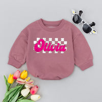 Custom Jayden Baby Romper Teal Cursive Checkered Design Newborn Outfit Personalized Gift Soft Cotton Retro Style Boy Girl Clothes