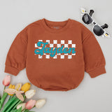Custom Jayden Baby Romper Teal Cursive Checkered Design Newborn Outfit Personalized Gift Soft Cotton Retro Style Boy Girl Clothes