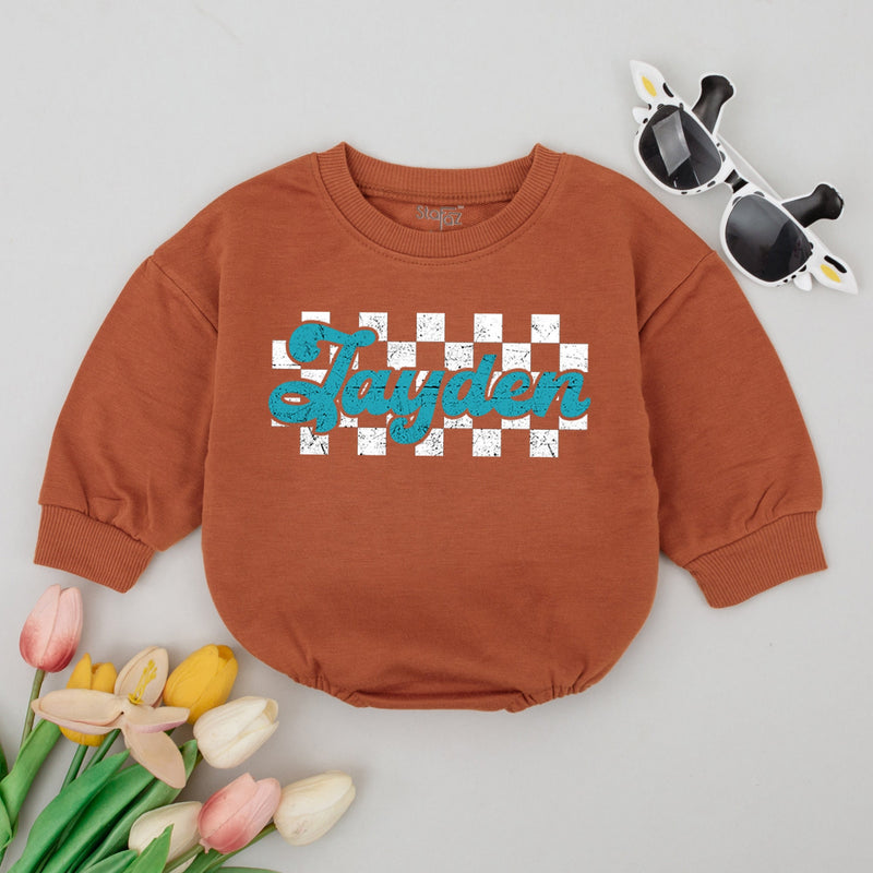 Custom Jayden Baby Romper Teal Cursive Checkered Design Newborn Outfit Personalized Gift Soft Cotton Retro Style Boy Girl Clothes