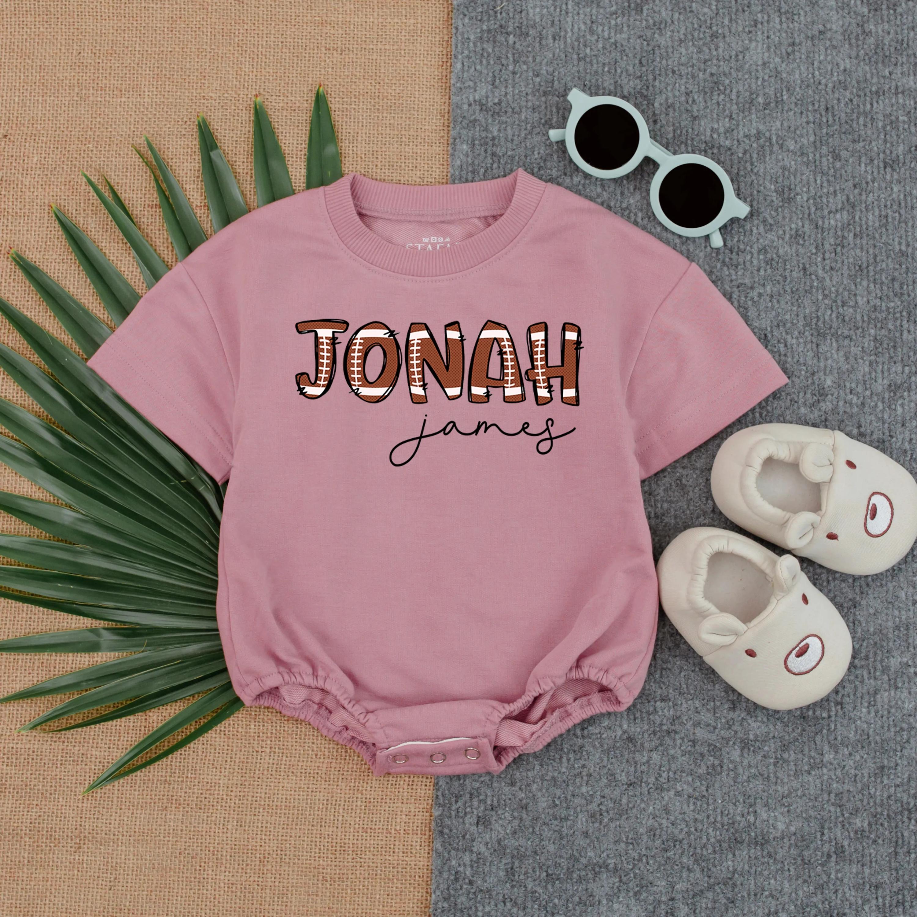 Custom Jonah Football Pattern Baby Romper Personalized Gameday Outfit Soft Cotton Infant Boy or Girl Gift Playful Sports Design