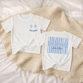 Custom Kids' T-Shirt with Preppy Striped Mascot Design, Personalized School Logo Tee, Soft Cotton Outfit for First Day or Team Spirit