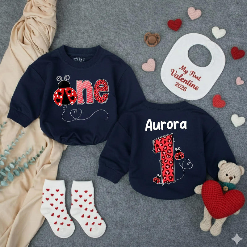 Custom Ladybug First Birthday Baby Romper with Name, Soft Cotton 1st Birthday Outfit for Girls, Adorable Valentine-Themed Party Wear
