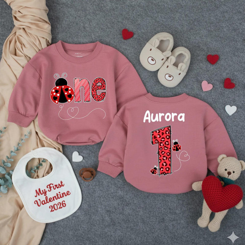 Custom Ladybug First Birthday Baby Romper with Name, Soft Cotton 1st Birthday Outfit for Girls, Adorable Valentine-Themed Party Wear