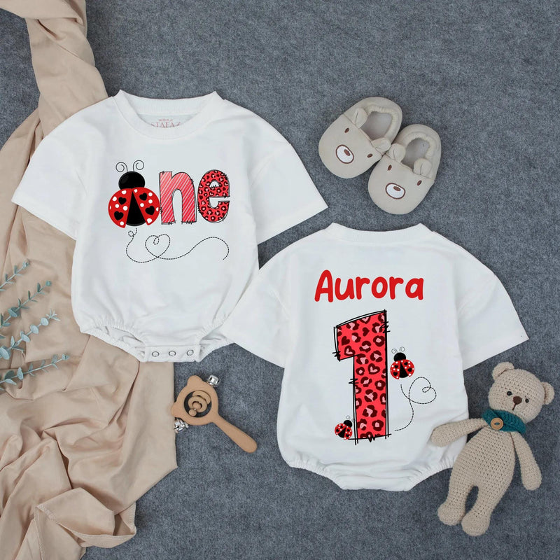 Custom Ladybug First Birthday Baby Romper with Name, Soft Cotton 1st Birthday Outfit for Girls, Adorable Valentine-Themed Party Wear