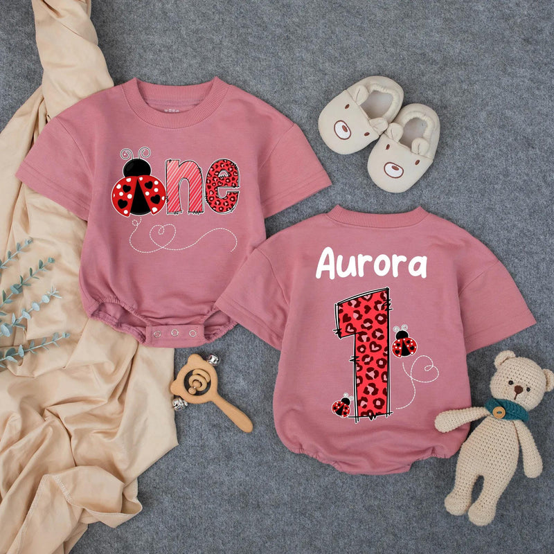 Custom Ladybug First Birthday Baby Romper with Name, Soft Cotton 1st Birthday Outfit for Girls, Adorable Valentine-Themed Party Wear