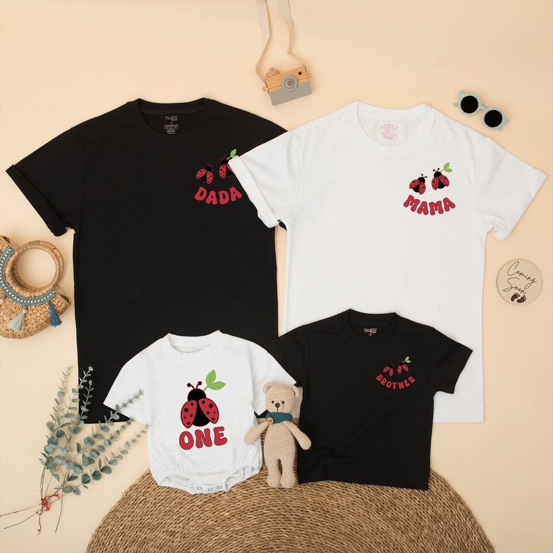 Custom Ladybug Matching Family Shirts for 1st Birthday Girl, Soft Cotton Mama Dada Sister Romper Set for Milestone Photos & Celebrations