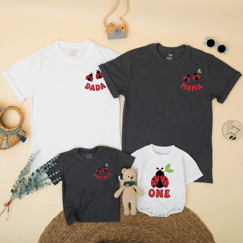 Custom Ladybug Matching Family Shirts for 1st Birthday Girl, Soft Cotton Mama Dada Sister Romper Set for Milestone Photos & Celebrations
