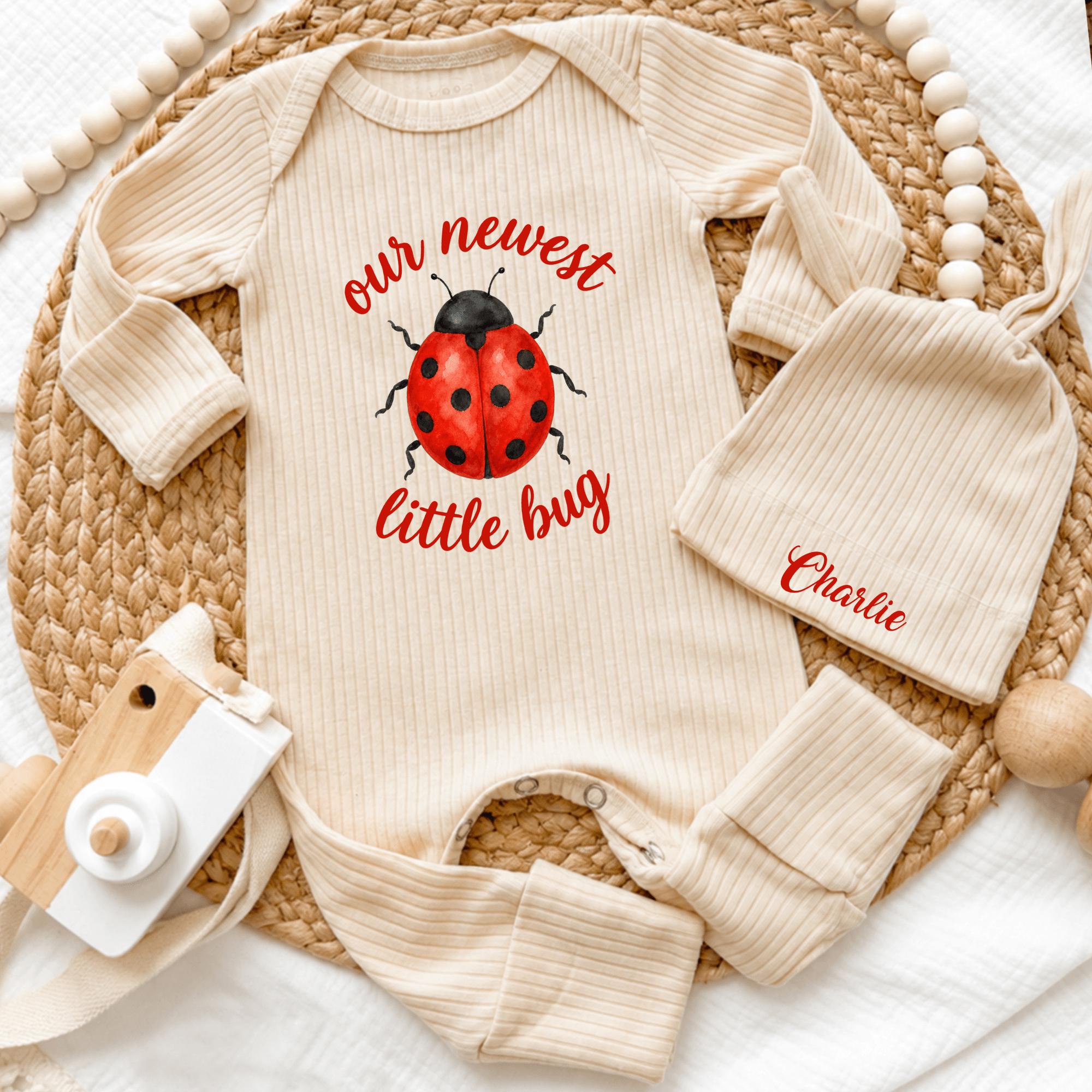 Custom Ladybug Newborn Bodysuit and Hat Set - 'Our Newest Little Bug' Graphic, Soft Cotton Baby Outfit Perfect for Coming Home or Baby Shower