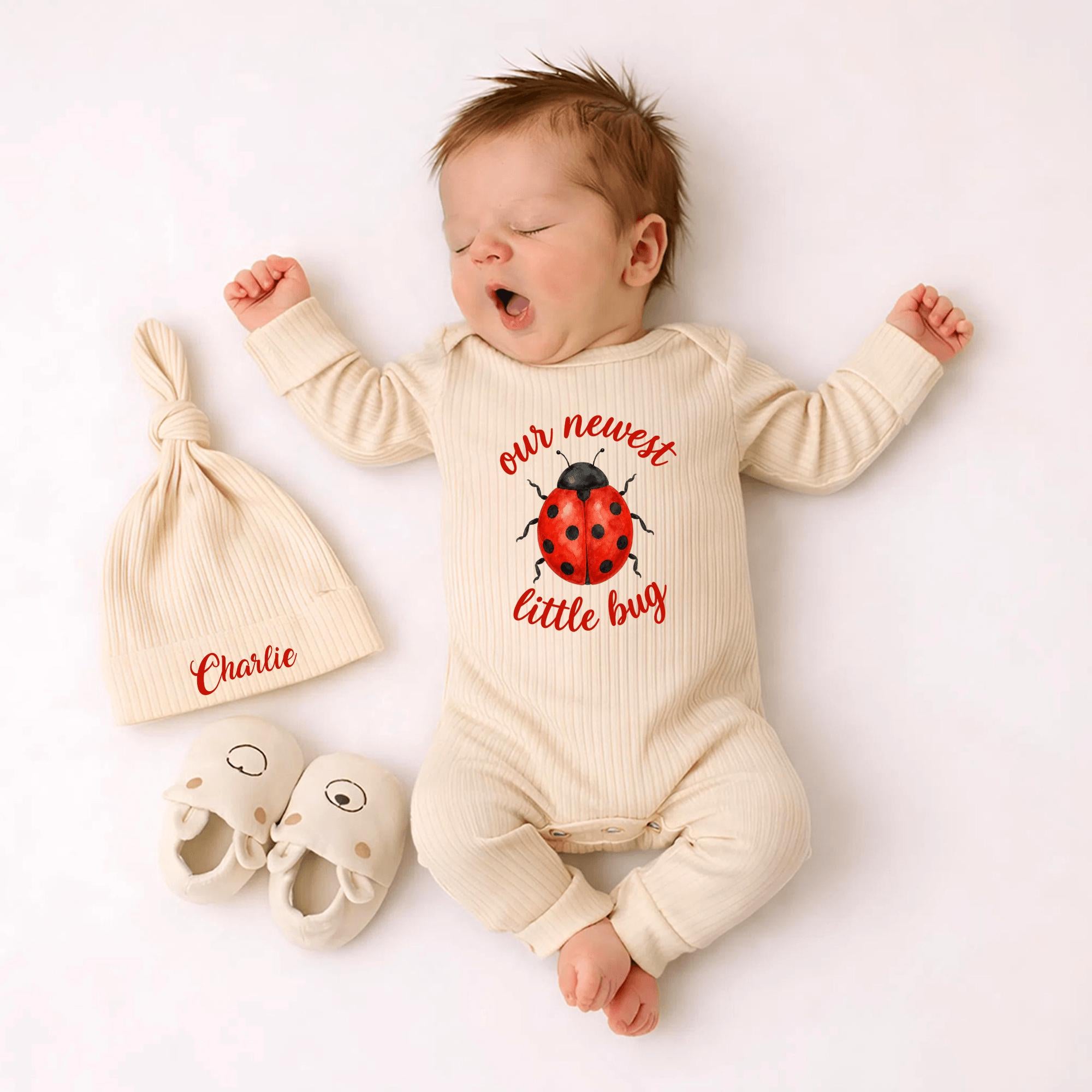 Custom Ladybug Newborn Bodysuit and Hat Set - 'Our Newest Little Bug' Graphic, Soft Cotton Baby Outfit Perfect for Coming Home or Baby Shower