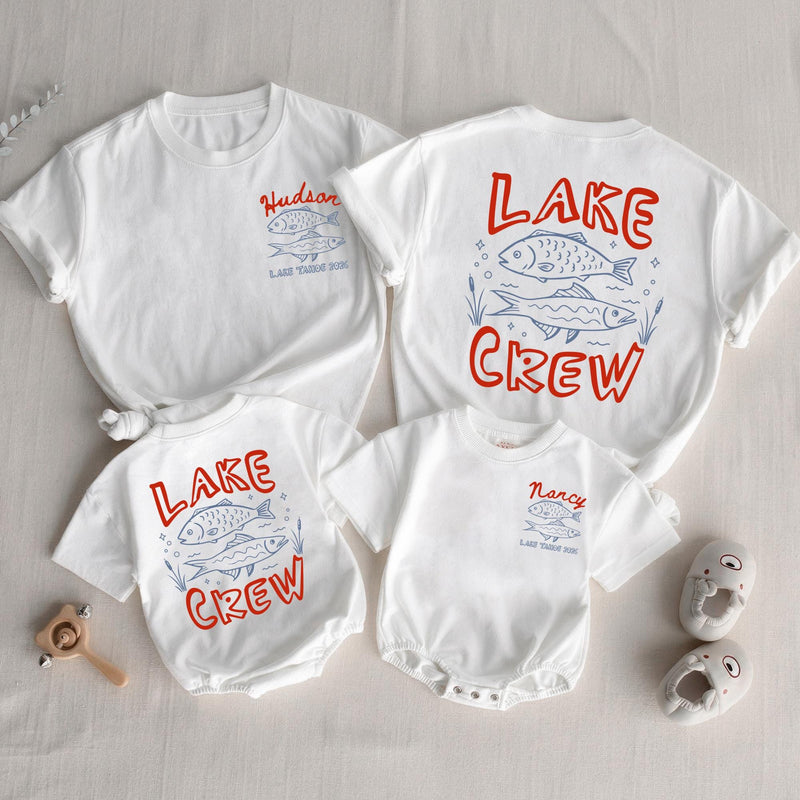 Custom Lake Crew Shirt & Romper Set with Fish Artwork, Matching Family Summer Outfits for Babies, Kids, and Adults in Soft Cotton