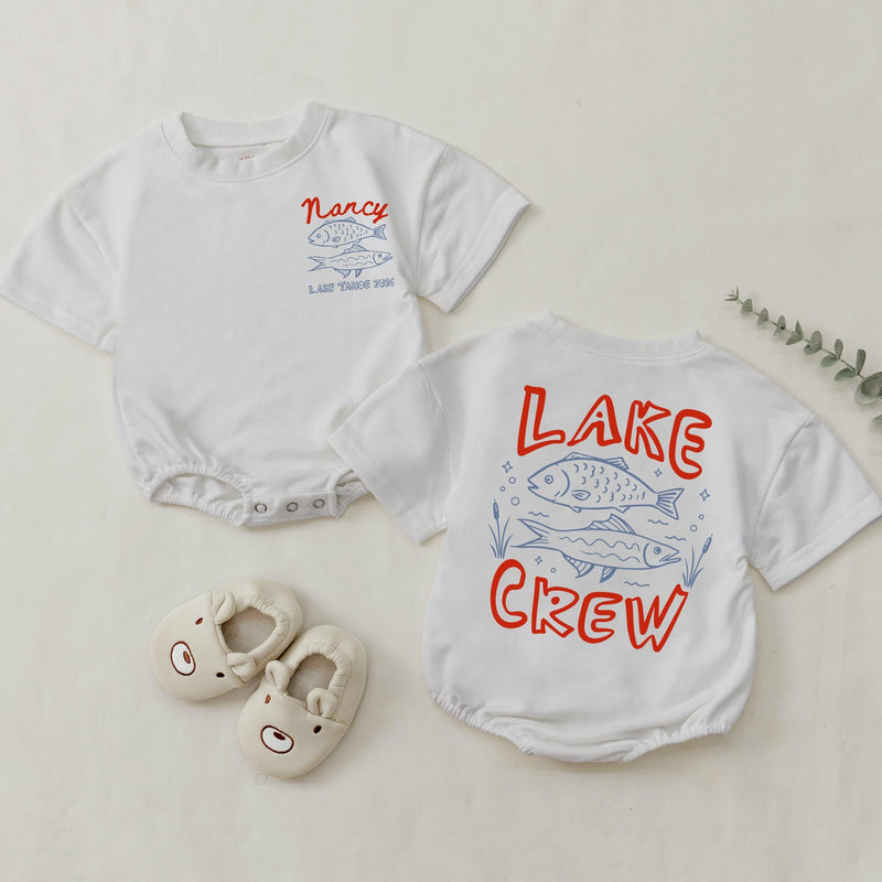 Custom Lake Crew Shirt & Romper Set with Fish Artwork, Matching Family Summer Outfits for Babies, Kids, and Adults in Soft Cotton