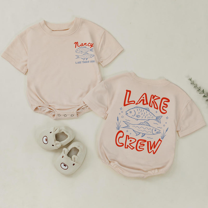 Custom Lake Crew Shirt & Romper Set with Fish Artwork, Matching Family Summer Outfits for Babies, Kids, and Adults in Soft Cotton