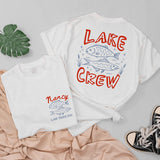 Custom Lake Crew Shirt & Romper Set with Fish Artwork, Matching Family Summer Outfits for Babies, Kids, and Adults in Soft Cotton