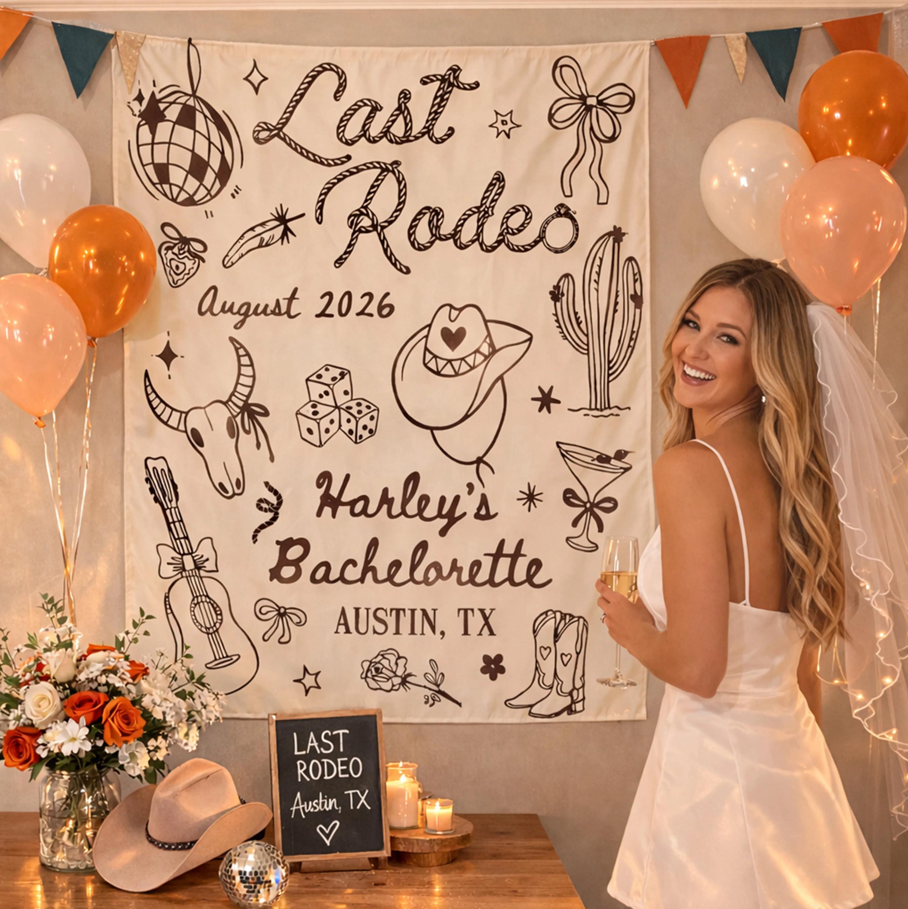 Custom Last Rodeo Silk Banner Black Line Art Cream Background Western Cowgirl Bachelorette Party Decor Personalized Backdrop 2026