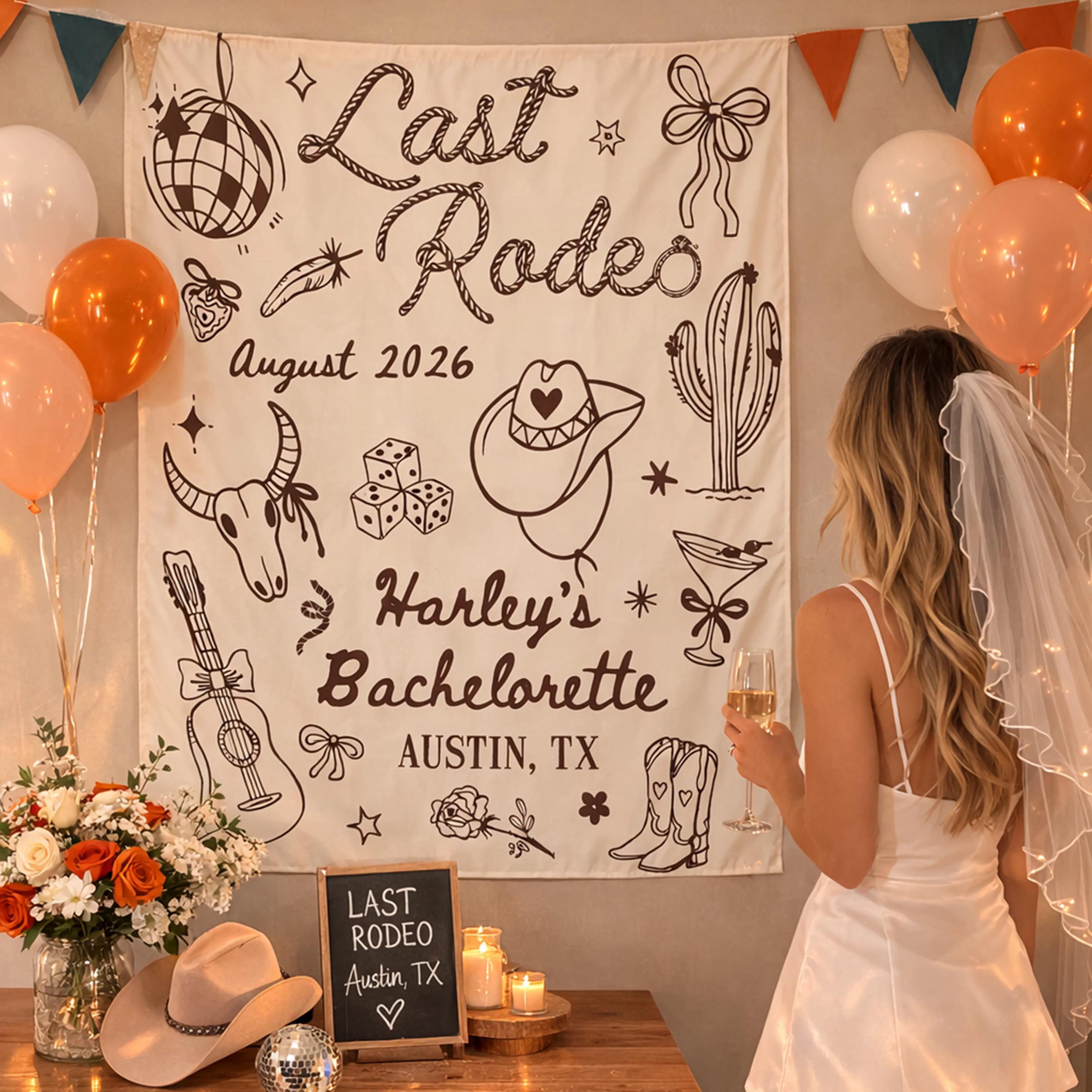 Custom Last Rodeo Silk Banner Black Line Art Cream Background Western Cowgirl Bachelorette Party Decor Personalized Backdrop 2026