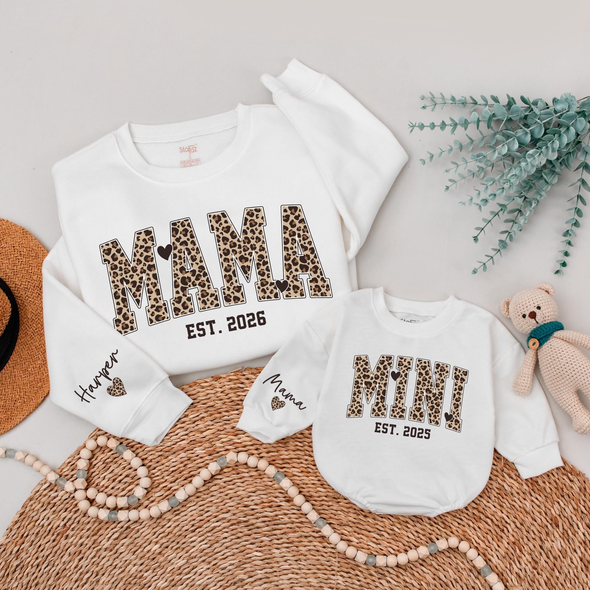 Custom Leopard Print Mama Mini Matching Sweatshirts, Soft Cotton Mommy and Me Outfits, Personalized Family Shirts for Mom and Baby
