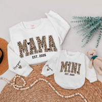Custom Leopard Print Mama Mini Matching Sweatshirts, Soft Cotton Mommy and Me Outfits, Personalized Family Shirts for Mom and Baby